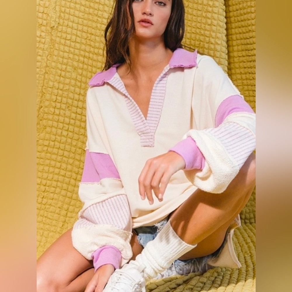 Boho French Terry Colorblock Sweater Oversized Lavender BucketList S/M/L NWT$98